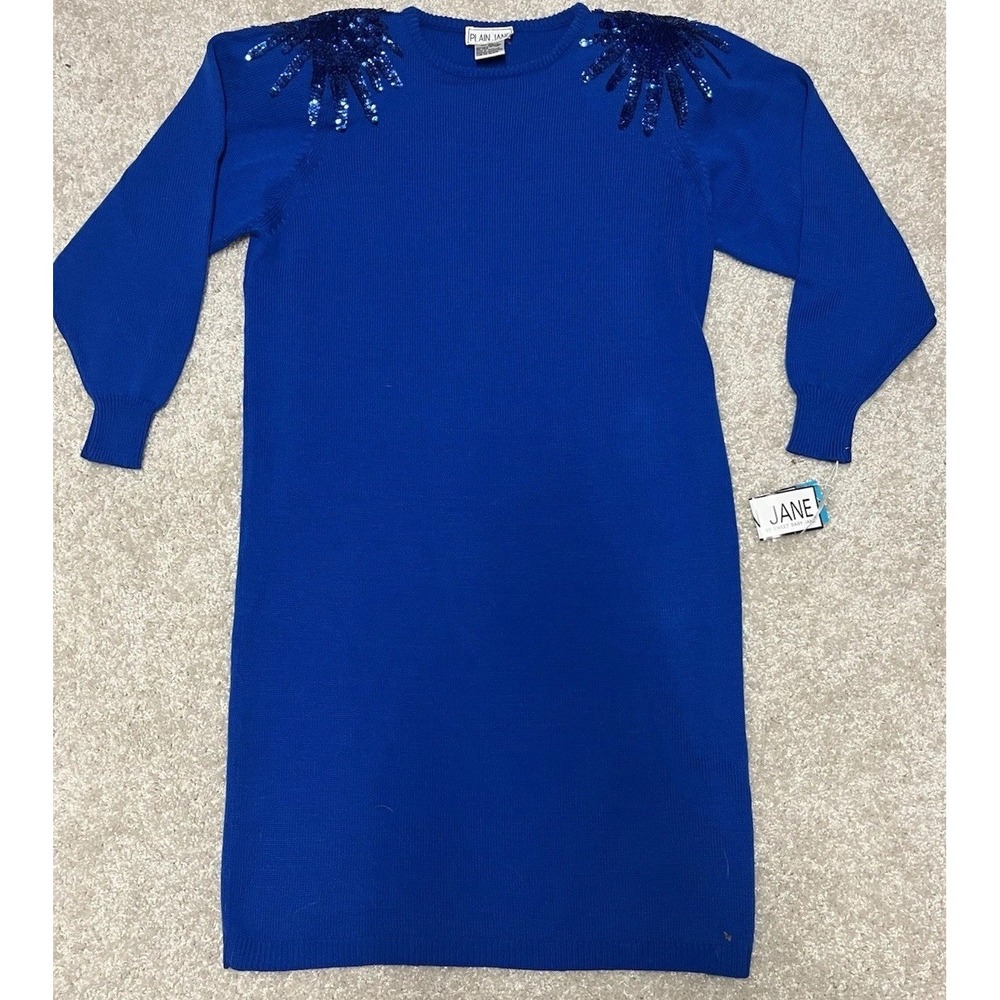 NWT Vintage Plain Jane by Sweet Baby Jane Blue Sweater Dress Large Sequin